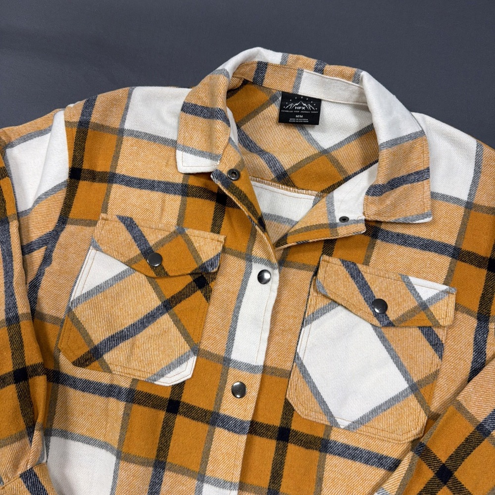 HFX Women's Flannel Shirt Jacket features a turmeric yellow and navy plaid Med
